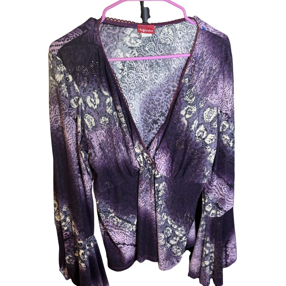 Sugarcane Purple Pink and Cream Bell Sleeve Blouse 3X Fits L or XL